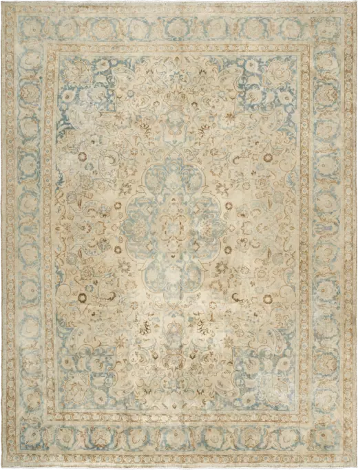 Modern Kashan Rectangle Beige Rug 9×12 Wool-Cotton