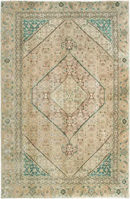 Modern Tabriz Rectangle Beige Rug 6×9 Wool-Cotton