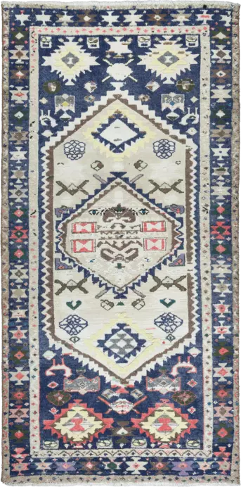 Patina Hamadan Rectangle White Blue Rug 3×7 Wool-Cotton