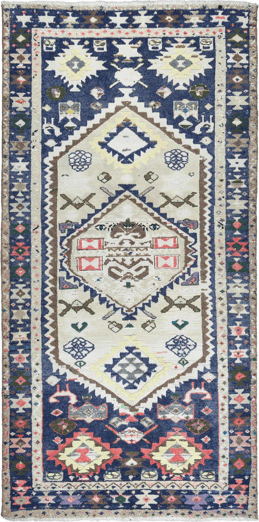 Patina Hamadan Rectangle White Blue Rug 3×7 Wool-Cotton