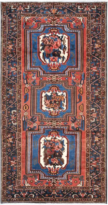 Antique Bakhtiari Rectangle Blue Rug 5×10 Wool-Cotton