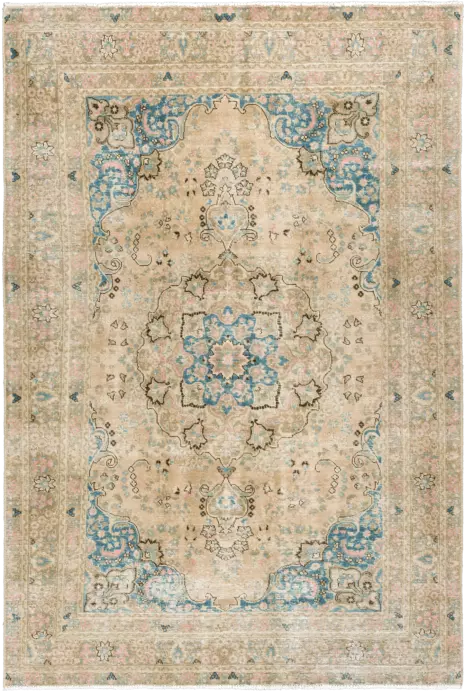 Modern Sabzevar Rectangle Pink Beige Rug 6×9 Wool-Cotton
