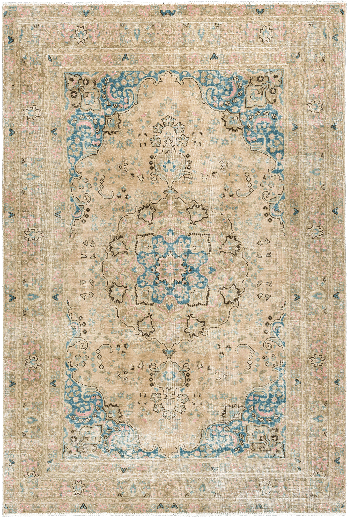 Modern Sabzevar Rectangle Pink Beige Rug 6×9 Wool-Cotton