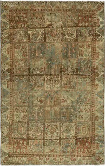 Modern Bakhtiari Rectangle Beige Green Rug 6×10 Wool-Cotton