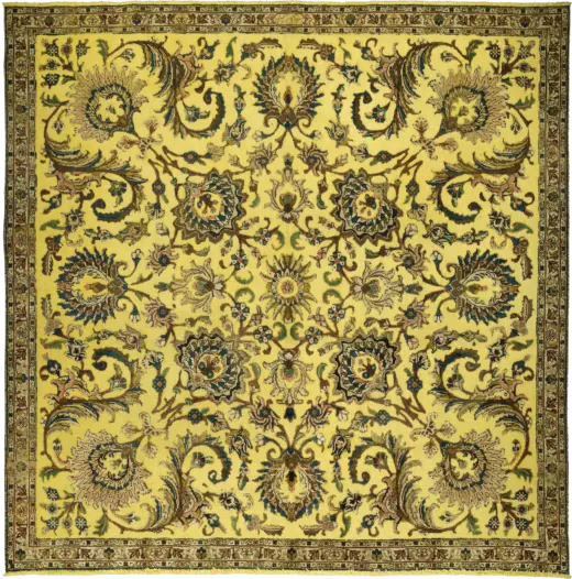 Colorful Vintage Tabriz Square Yellow Rug 8×8 Wool-Cotton