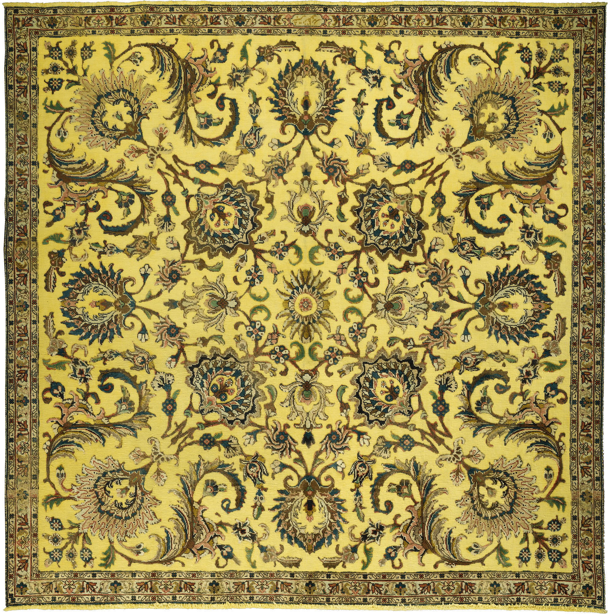 Colorful Vintage Tabriz Square Yellow Rug 8×8 Wool-Cotton