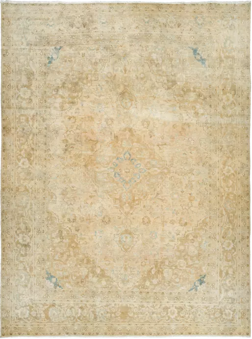 Modern Kashan Rectangle Beige Rug 9×13 Wool-Cotton