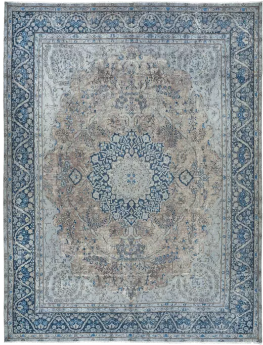 Colorful Vintage Kerman Rectangle Blue Rug 10×13 Wool-Cotton