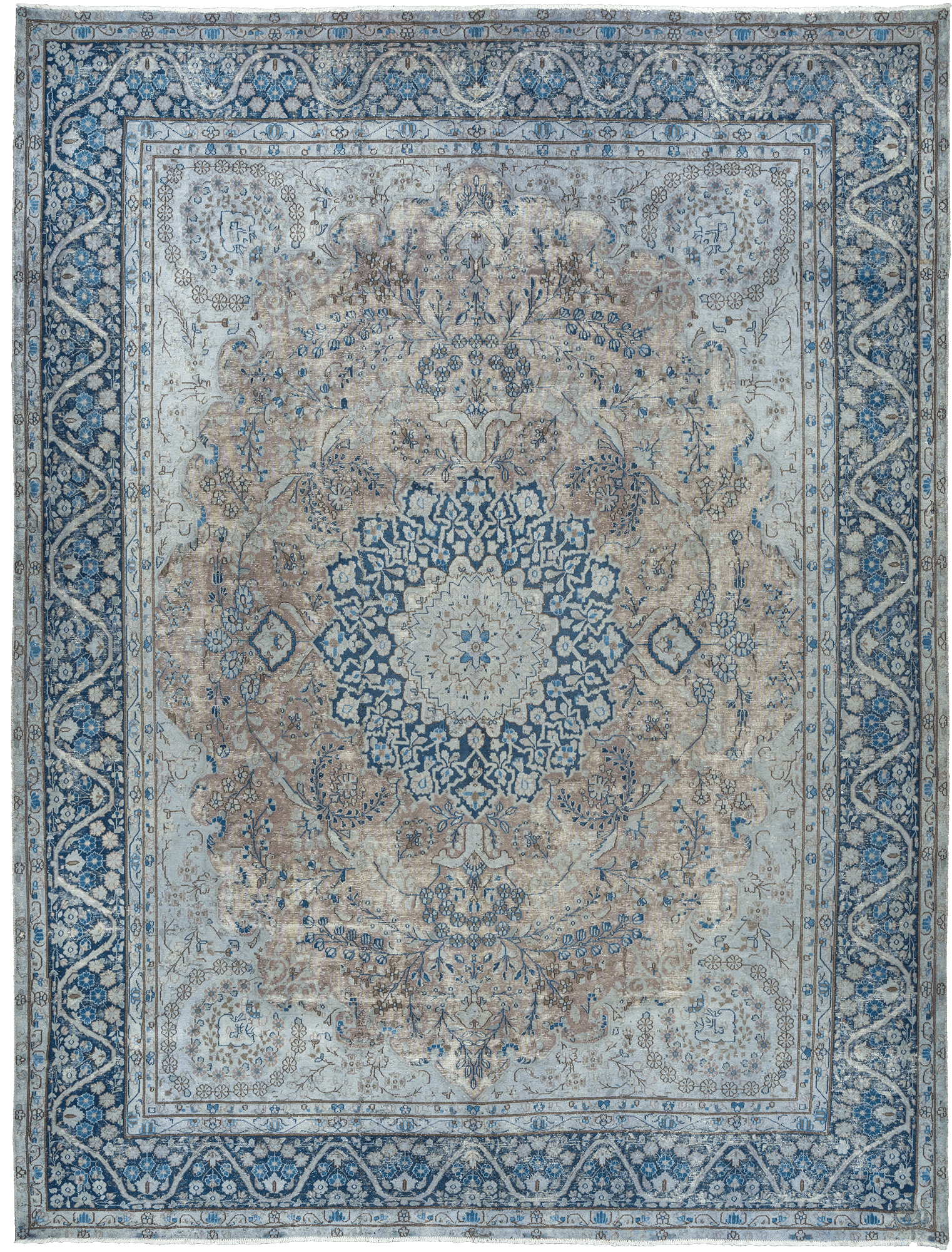Colorful Vintage Kerman Rectangle Blue Rug 10×13 Wool-Cotton