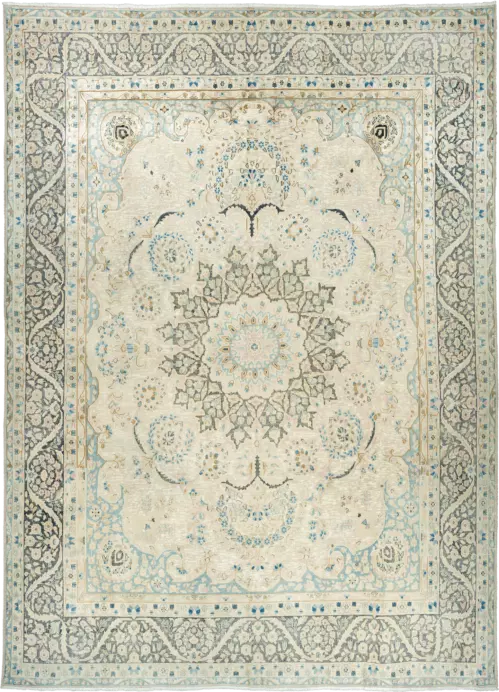 Modern Kerman Rectangle Beige Blue Rug 9×13 Wool-Cotton