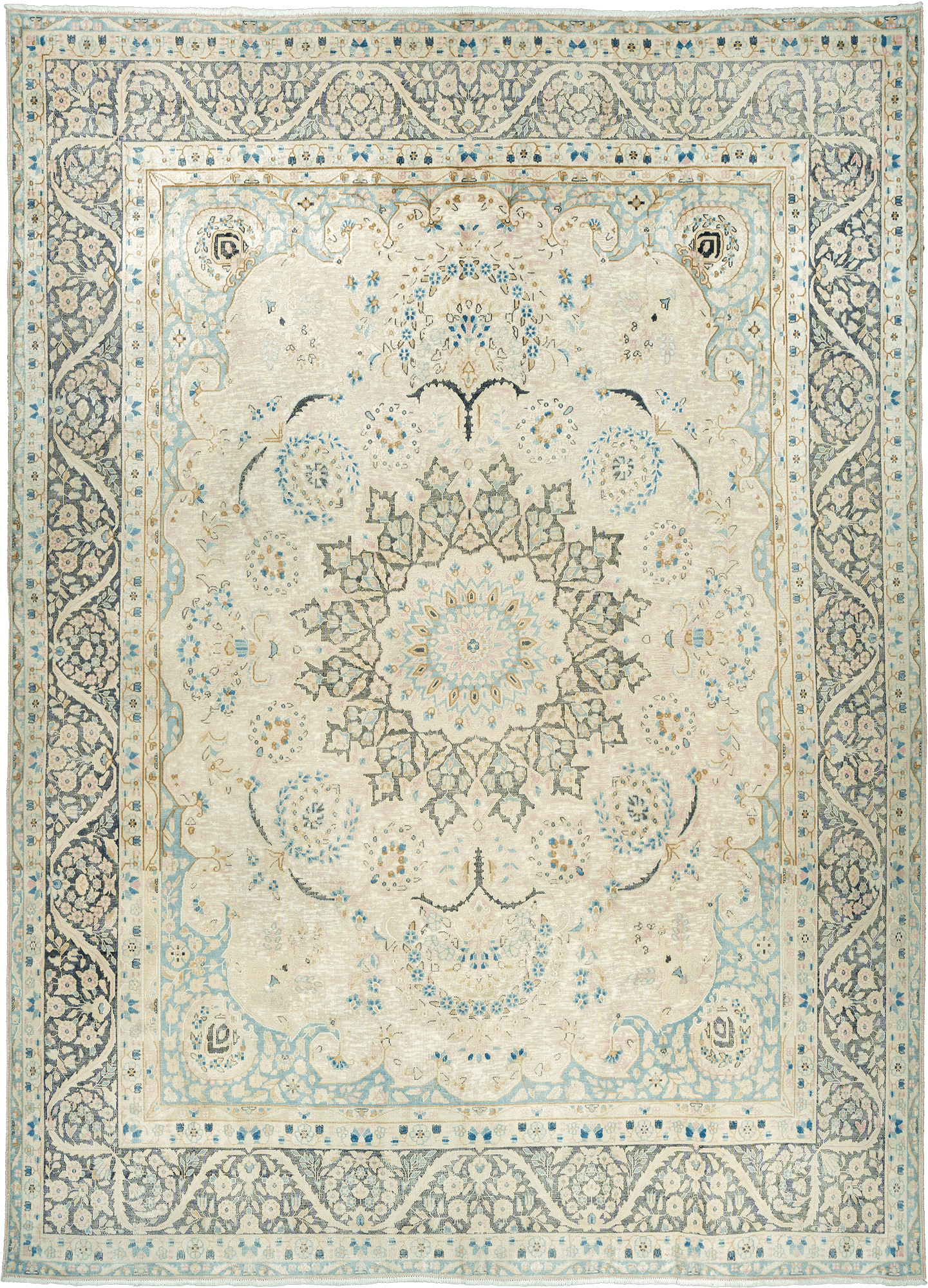Modern Kerman Rectangle Beige Blue Rug 9×13 Wool-Cotton