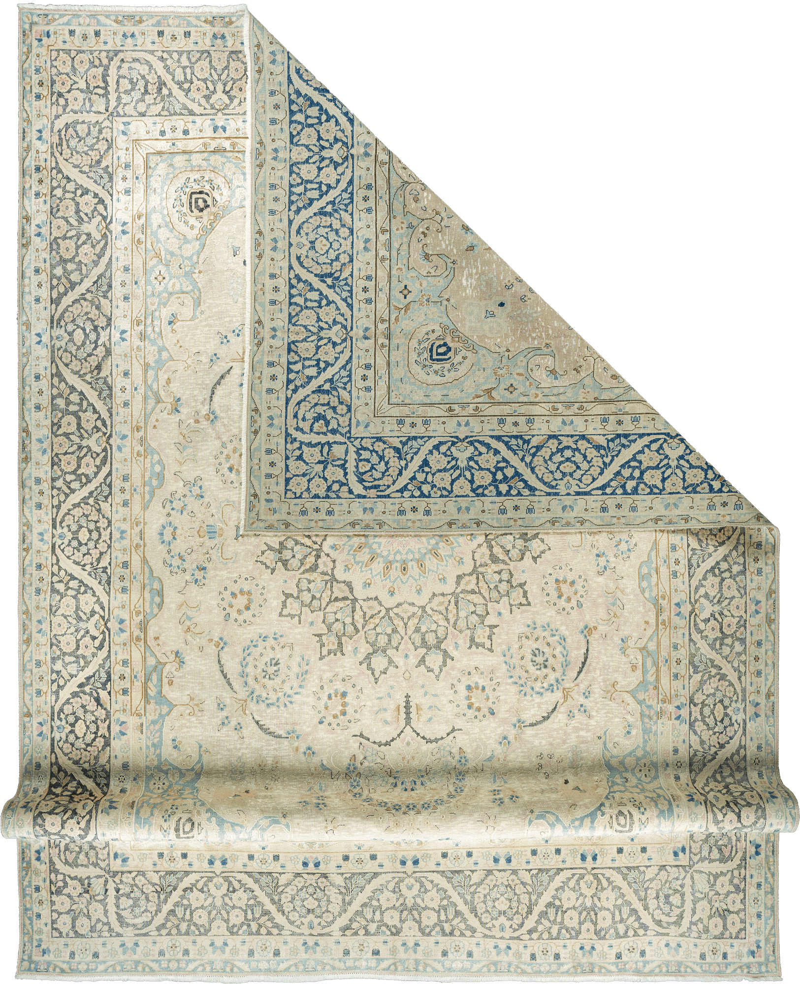 Modern Kerman Rectangle Beige Blue Rug 9×13 Wool-Cotton