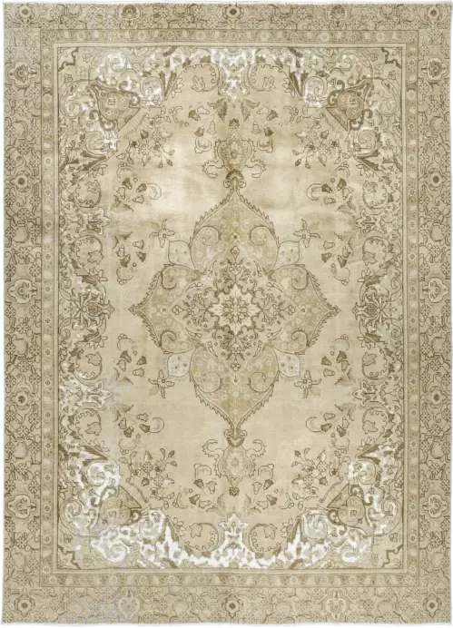 Modern Tabriz Rectangle Beige Rug 9×12 Wool-Cotton